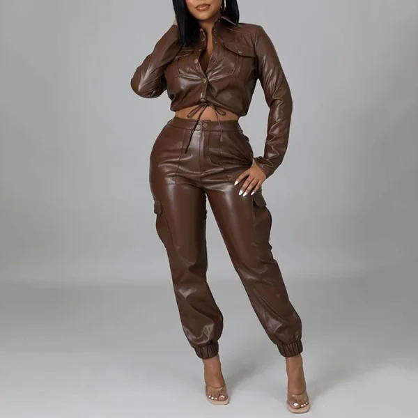 Women Fashion Pu Leather Jacket Set Long Sleeve Jacket Tops Pants Two Piece Outfits Set