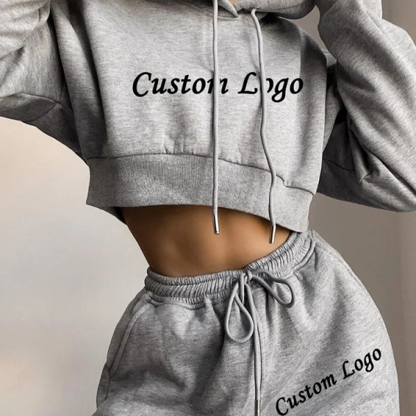 High Quality Gym Cotton Fleece Crop Top Jogging Suits Sweatpants and Hoodie Women Sweatsuit Tracksuit 2 Piece Set - Image 2