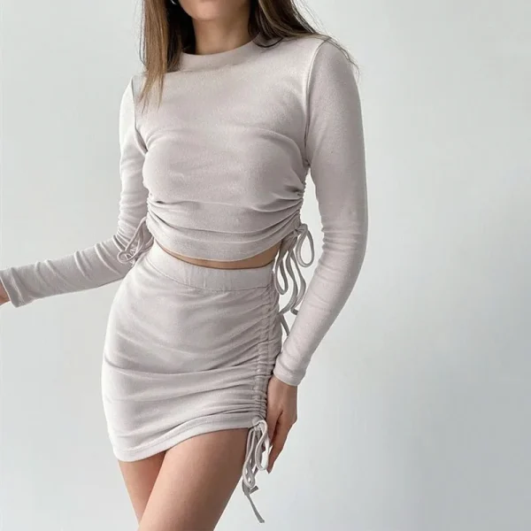 Women Clothing Summer Two Piece Skirt Outfits Side Ruched Crop Top and Bodycon Mini Skirt Matching Sets - Image 3
