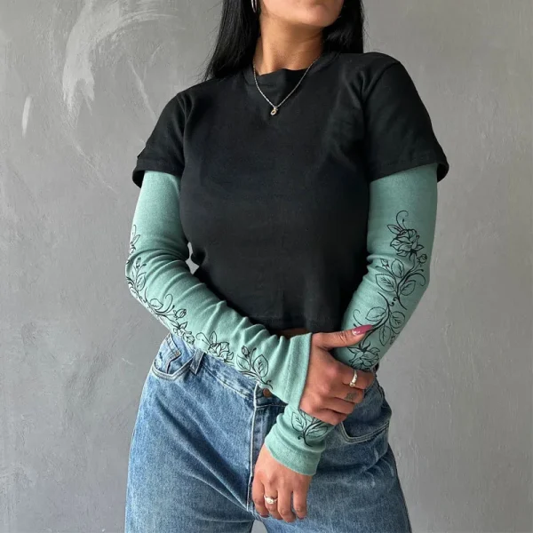 Women's Summer Streetwear Printing Top Casual Basic Shirts Double Layer Long Sleeve Crop T-shirt