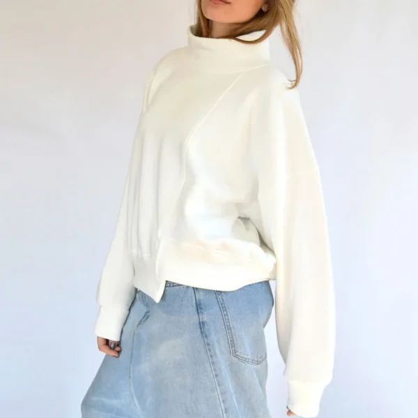 Essentials Women's Hoodies Sweatshirts High Collar Cotton Pullover Tops Oversized Dissymmetry Mock Neck Sweatshirt - Image 5