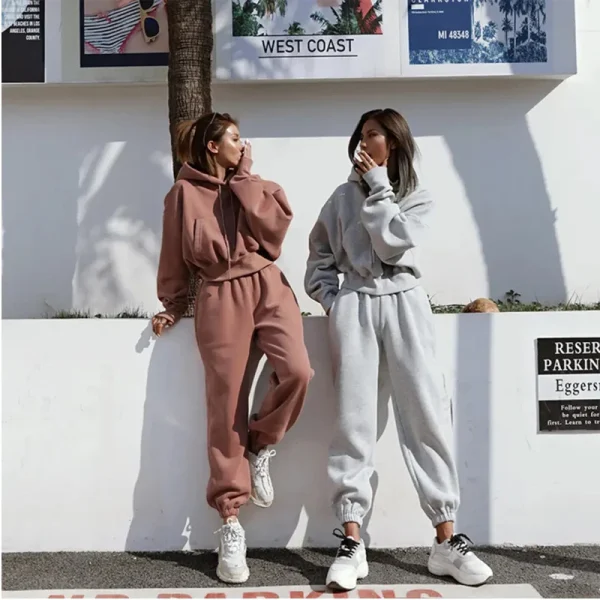 Jogger Gym Crop Top Oversize Hoodie Sweatshirt Two Piece Winter Sets Womens Tracksuits Pants Set - Image 2