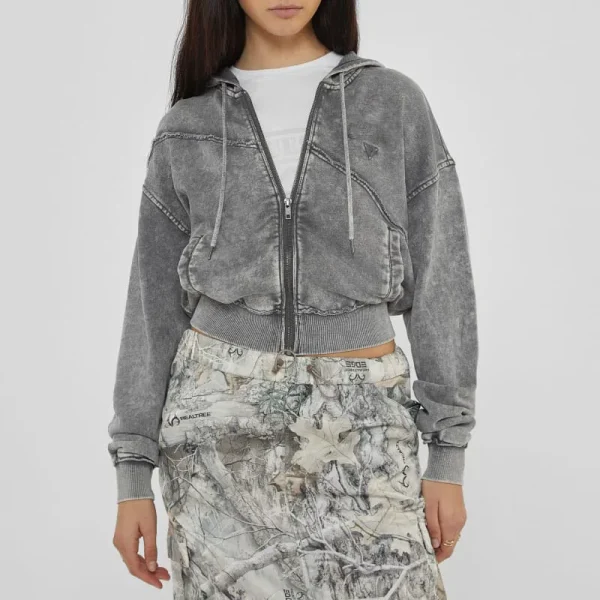 New Arrival Stylish Brushed Terry Cropped Acid Wash Hoodie for Women