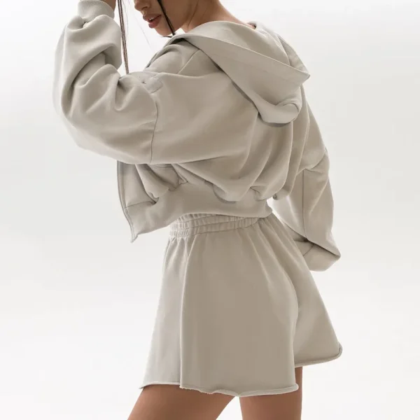 High Quality Women's Heavyweight Cotton Zip up Oversized Cropped Hoodie Hoodie and Shorts Tracksuit 2 Piece Set - Image 2