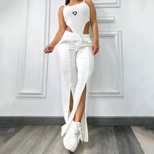 Women Clothing Summer Sexy Casual Outfits Sleeveless Two Piece Sets Cotton Bodysuit and Split Wide Leg Pants Matching - Image 3