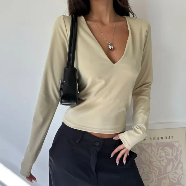 Summer Women's Casual Basic T Shirts Deep V Neck Sexy Long Sleeve Crop Top