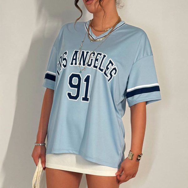 Women High Quality Oversized Short Sleeve T-shirt Summer Streetwear Short Sleeve V Neck Football Jersey T Shirt - Image 6