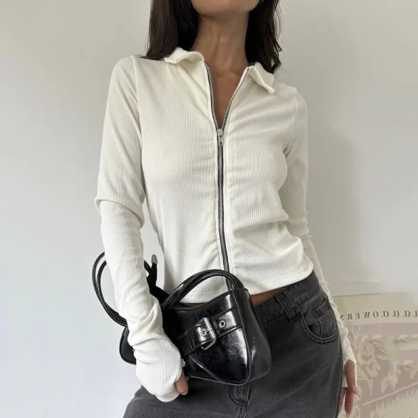 Womens Long Sleeve Rib Knit Top Stand Collar Zipper Slim Fitted Casual T-Shirts with Thumb Hole - Image 2