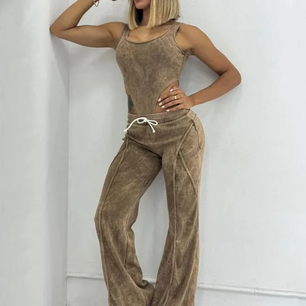 Women Clothing Summer Sexy Casual Sleeveless 2 Piece Sets Cotton Acid Wash Bodysuit and Sweatpants Outfits - Image 3