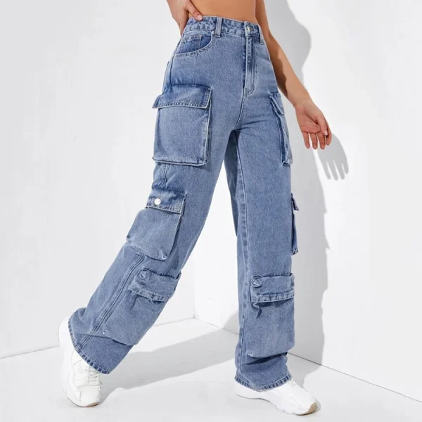 High Quality High Waisted Cargo Pockets Denim Pants Wide Legs Street Wear Baggy Cargo Jeans for Women