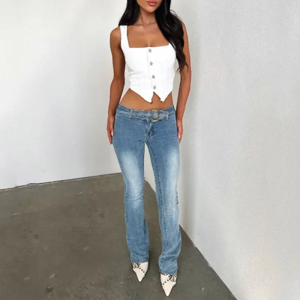 Womens Denim Jeans Pants Stretch Low Rise Double Button Elastic Skinny Flare Jeans - Image 3