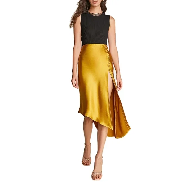 Women Casual High Quality Satin Button Side Asymmetric Midi Skirt