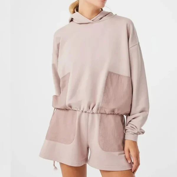 Women's Casual Patchwork Hooded Tracksuits Sport Pullover Two Sweat Short Sets