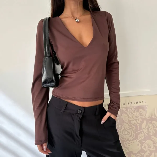 Summer Women's Casual Basic T Shirts Deep V Neck Sexy Long Sleeve Crop Top - Image 3