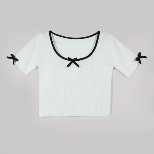 Women Casual High Quality Bow Obsession White Ribbed Cropped Top T Shirt - Image 6