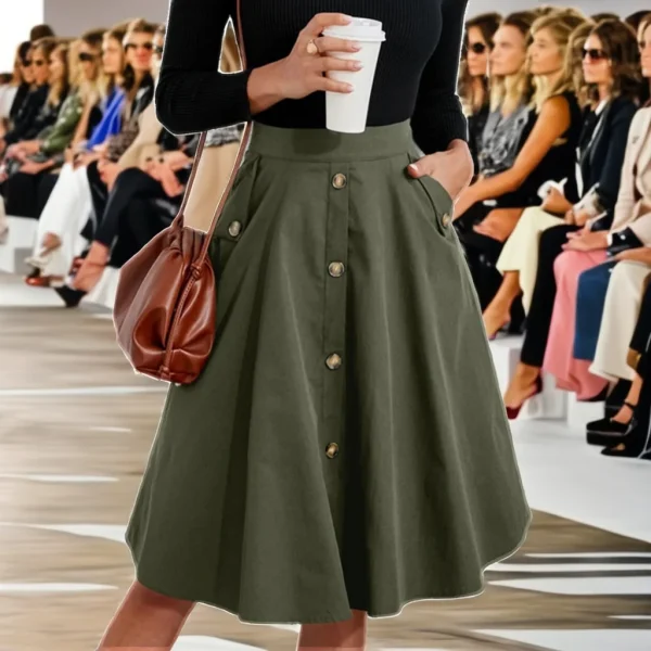 Ladies Midi Women's Skirts Elegant Baggy with Button High Waist French Pocket Empire Waistline Breathable Low Price - Image 2
