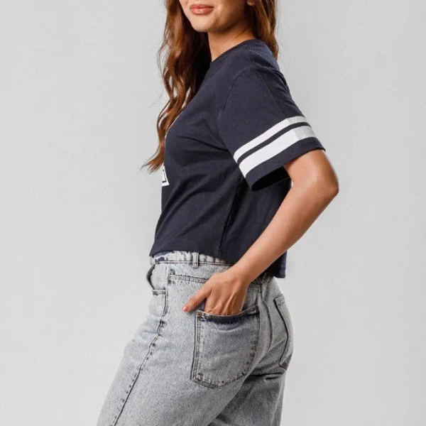 Summer Casual Women Basic Tees Cotton Drop Shoulder Cropped Tops Short Sleeve Number Graphic Printing Stripes Crop T-Shirts - Image 4