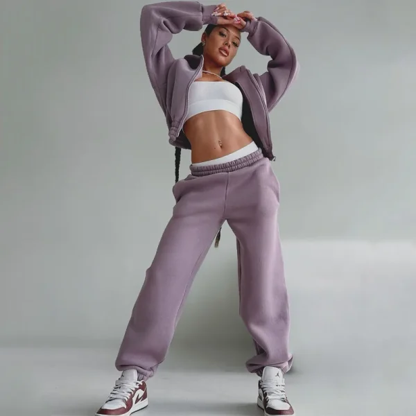 Luxury Women's Heavyweight Cotton Cropped Zip up Hoodies High Quality Sweatpants and Hoodie Set - Image 5