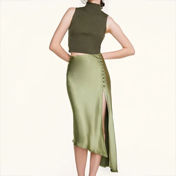 Women Casual High Quality Sexy Satin Side Slit Asymmetric Wrap Midi Skirt