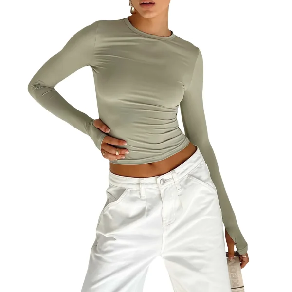 Women's Long Sleeve T-Shirt Crew Neck Solid Slim Fit Crop Top With Thumb Holes Streetwear