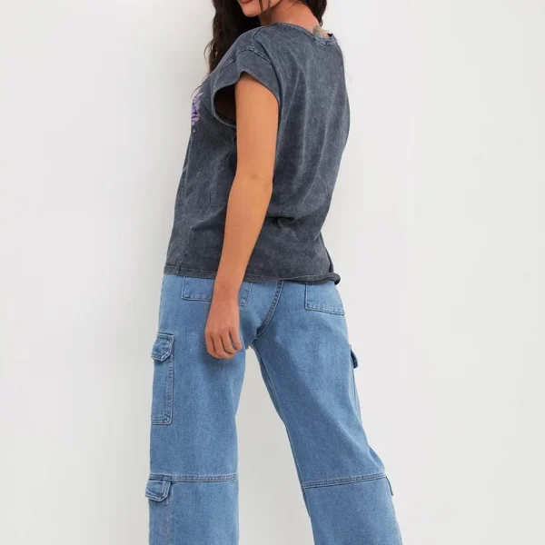 Acid Wash T Shirt With Print Washed Grey Short Sleeve Block Tee for Women - Image 3