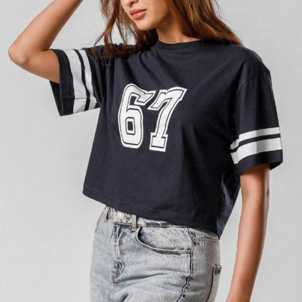 Summer Casual Women Basic Tees Cotton Drop Shoulder Cropped Tops Short Sleeve Number Graphic Printing Stripes Crop T-Shirts