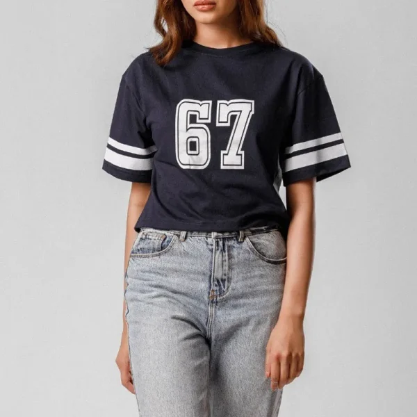 Summer Casual Women Basic Tees Cotton Drop Shoulder Cropped Tops Short Sleeve Number Graphic Printing Stripes Crop T-Shirts - Image 2