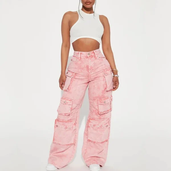 Baggy Wide Leg Denim Pants Women's Jeans Zipper Fly High Rise 6 Pockets Cargo Jeans Vintage Old Jeans - Image 2