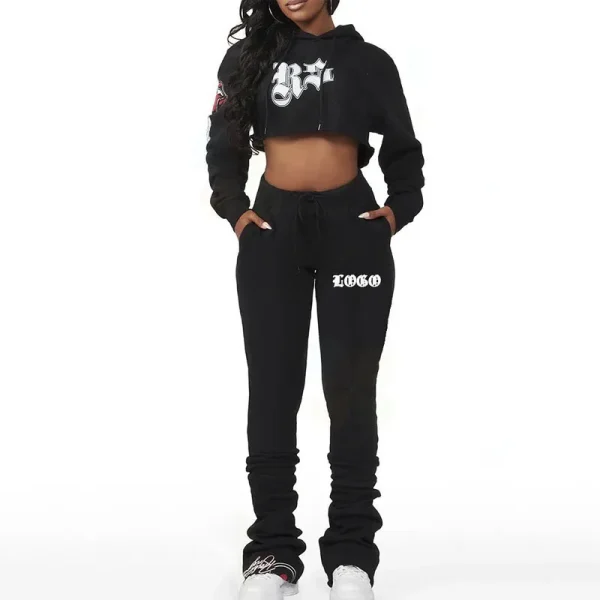 Womens Streetwear Tracksuit Cotton Graphic Printing Crop Hoodie and Stacked Sweatpants 2 Piece Outfits - Image 3
