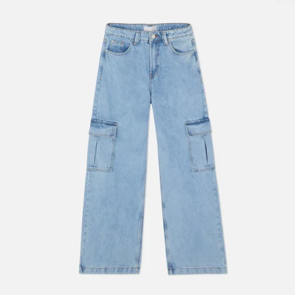 Women Zipper Fly Wide Leg Cargo Jeans Vintage Denim Jeans - Image 5
