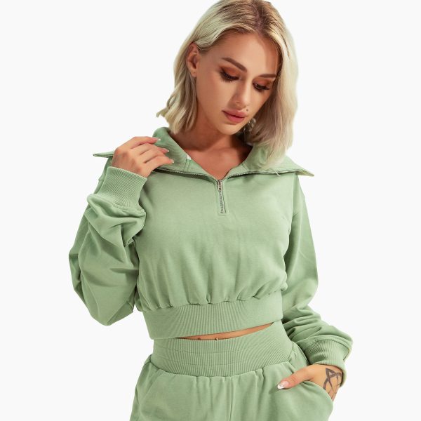 Fashion Comfort Women's Half Zip Crop Sweatshirt With Ribbed Trims on the Cuff Stand-up  Neck Long Sleeve Pullover Cropped Top - Image 2