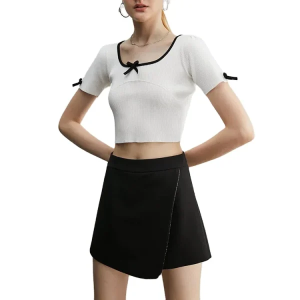 Women Casual High Quality Bow Obsession White Ribbed Cropped Top T Shirt