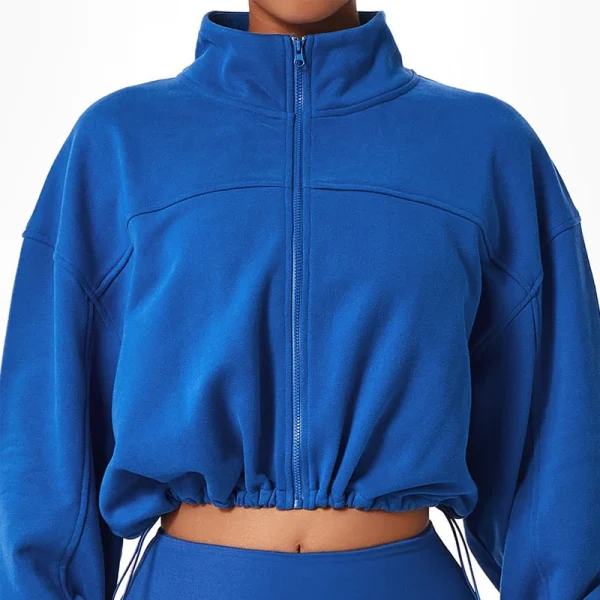 Long Sleeve Drawstring Hem Cropped Sport Jackets Top Women Zip up Stand Collar Crop Workout Sweatshirt - Image 3