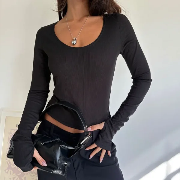 Women's Square Neck Long Sleeve Ribbed Slim Fitted Casual Basic Crop Top Casual Basic Tee with Thumb Hole - Image 5