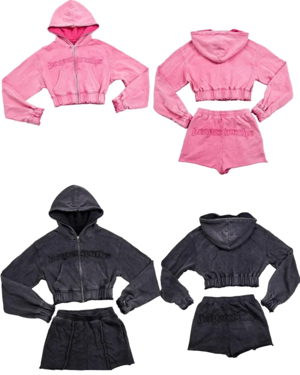 2 Piece Cargo Pockets Ladies Mini Skort Skirts Acid Washed Crop Hoodie and Skirt Set Women