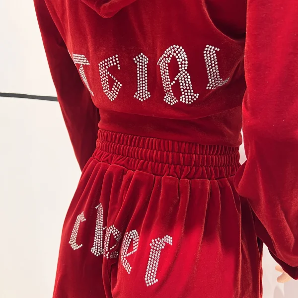 Women Set Rhinestone Embroidery Crop Zip Hoodie and Shorts Sweatpants Velvet Sweatsuit Big Bling Velour Tracksuit - Image 6