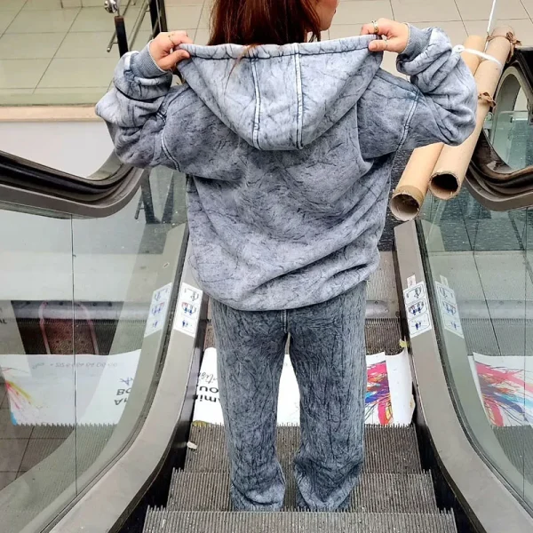 Women 2 Piece Outfits Sweatsuit Acid Wash Oversized Zip up Hoodie Sweatpants Matching Fleece Heavyweight Tracksuit Set - Image 6