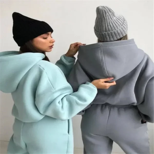 Women Sweatsuits Jogger Jumpers Gym Workout Thick 2 Piece Women Set Crop Top Oversize Sweatpants and Hoodie Set - Image 3