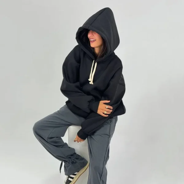 High Quality Women's Graphic Screen Printing Black Oversized Hoodie Drop Shoulder Heavy Weight Pullover Sweatshirt - Image 2