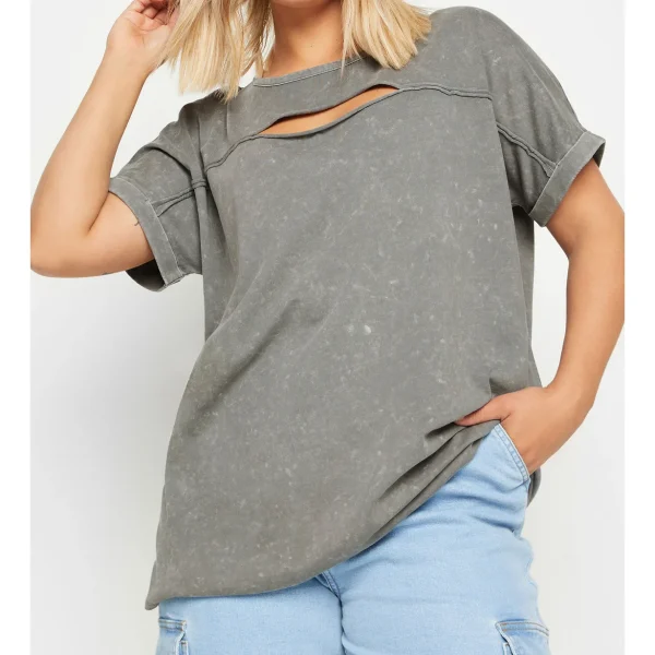 Women's Tee T-shirt Crew Neck Solid Color Front Cut Out Sweatshirt Short Sleeve Acid Washed Tee - Image 2