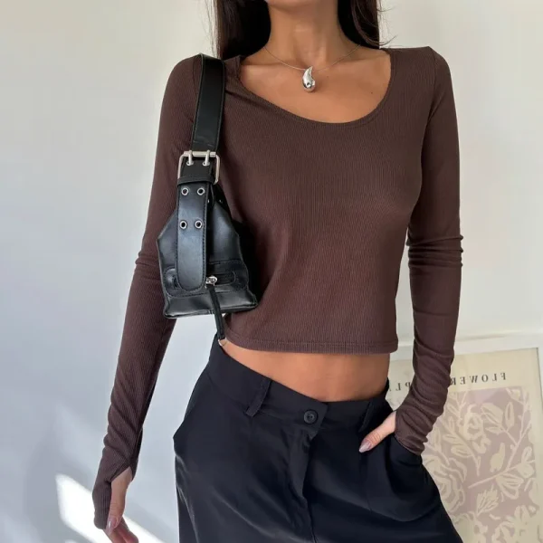 Women's Square Neck Long Sleeve Ribbed Slim Fitted Casual Basic Crop Top Casual Basic Tee with Thumb Hole - Image 6
