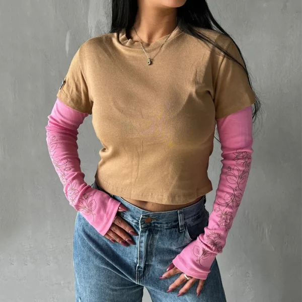 Women's Summer Streetwear Printing Top Casual Basic Shirts Double Layer Long Sleeve Crop T-shirt - Image 5