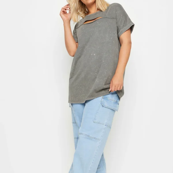 Women's Tee T-shirt Crew Neck Solid Color Front Cut Out Sweatshirt Short Sleeve Acid Washed Tee