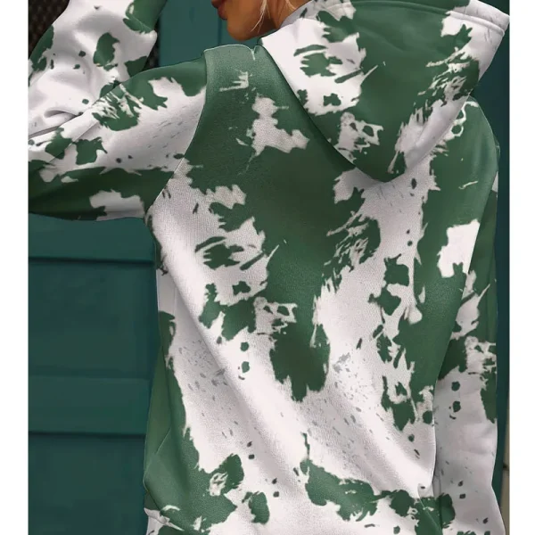 High Quality Green Tie Dye Print Kangaroo Pocket Loose Hoodie for Women - Image 3