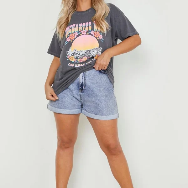 Women's Tee Puff Print Graphic T-shirt Acid Wash Oversized Women's T-shirt Casual Top