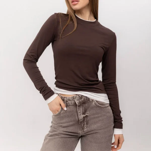 Womens Cotton Long Sleeve Crewneck Casual Tops Tee Color Block Slim Fitted Basic T Shirts - Image 5