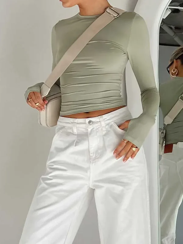 Women's Long Sleeve T-Shirt Crew Neck Solid Slim Fit Crop Top With Thumb Holes Streetwear - Image 6