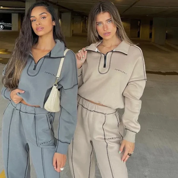 Boutique Womens Streetwear Inverted Stitching Half Zipper Pullover Sweatpants Two Piece Set Women Clothing