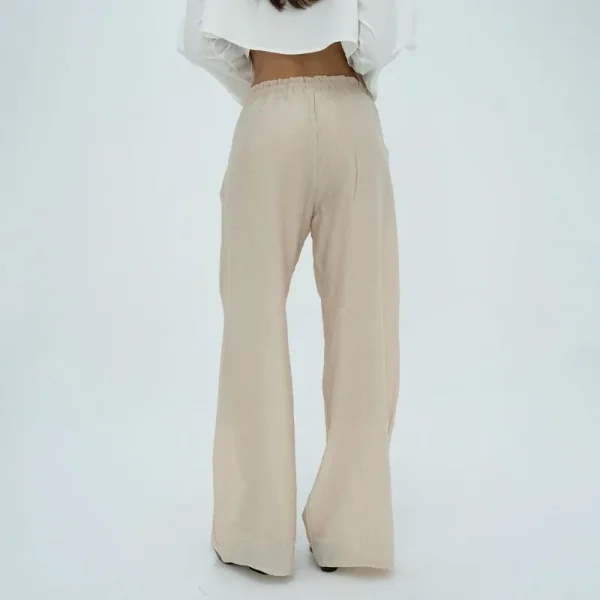 Women Trousers Pants Low Waist Cotton Linen Summer Palazzo Pants Flowy Wide Leg Beach Trousers with Pockets - Image 3