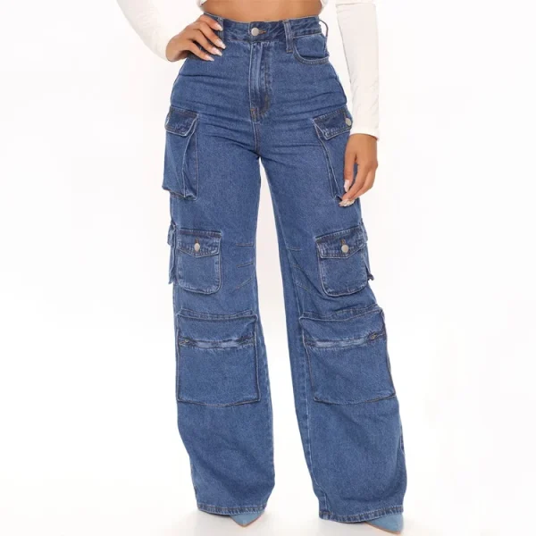 Baggy Wide Leg Denim Pants Women's Jeans Zipper Fly High Rise Cargo Jeans  With Pocket - Image 5